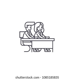 couple students at a desk vector line icon, sign, illustration on background, editable strokes