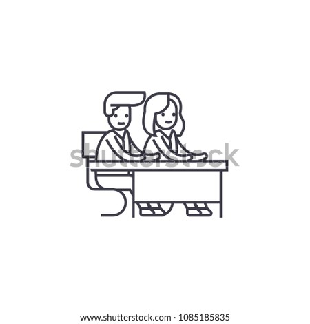 couple students at a desk vector line icon, sign, illustration on background, editable strokes