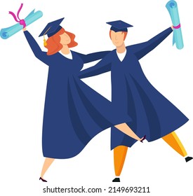Couple of students. Full body man and woman. Student graduation party. Cheerful young people graduated from the university. Flat vector illustration.