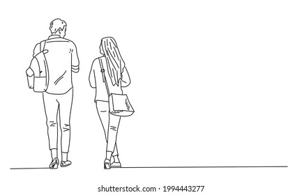 Couple of students go to class. Hand drawn vector illustration.