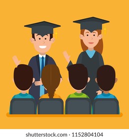 couple students graduation with group persons