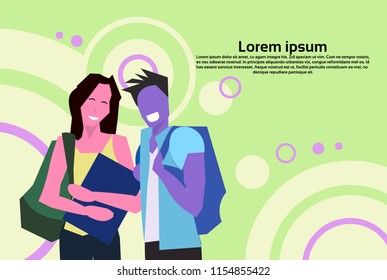 couple students holding book backpack successful study concept female male cartoon character portrait flat copy space horizontal vector illustration