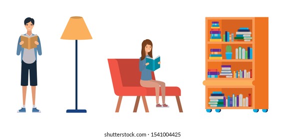 couple of students reading books vector illustration design