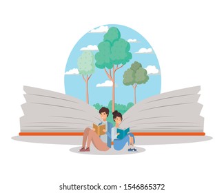 couple of students reading books vector illustration design