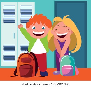 couple of students in school corridor with lockers, back to school vector illustration design