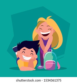 couple of students with school supplies, back to school vector illustration design