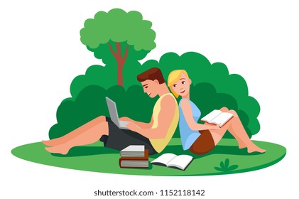 Couple of students sit back to back and prepare for exams.  Cartoon vector illustration