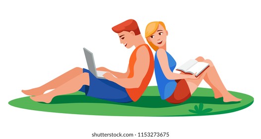 Couple of students sit back to back and prepare for exams on grass. Relax, study and work in the Park.  Cartoon vector illustration