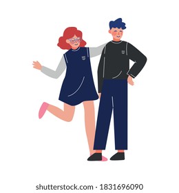 Couple of Students Standing Together, Smiling Boy and Girl Teenagers Characters Vector Illustration