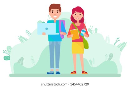 Couple of students with textbook, laptop and cup of coffee walking in park together. Two smiling and cheerful young people spending time outside vector