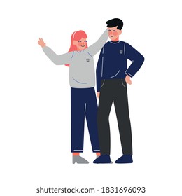 Couple of Students in Uniform Standing Together, Smiling Boy and Girl Teenagers Characters Vector Illustration