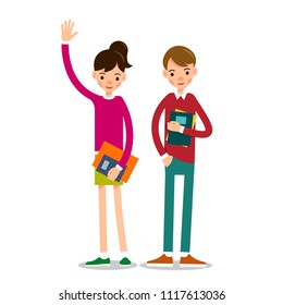 Couple students. Young man and a girl stand with textbooks in their hands. Young students together preparing for classes. Illustration in flat style. Isolated.
