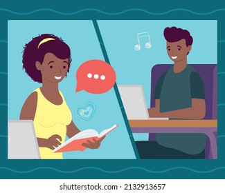 pareja que estudia personajes en línea