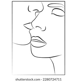 A couple in the style of On Line Art. Men and women in Line Art style. The minimum vector of the face. Couple print, kiss print. Love poster. 2 persons. Love is a line.