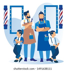 Couple of Stylish Baby Boys with Cool Haircut Visiting Barbershop Stand near Bearded Barbers Wearing Aprons Posing. Haircutting Beauty Club for Men Fashion Service Cartoon Flat Vector Illustration