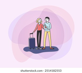 Couple with suitcase going to trip flat vector illustration. Passengers in airport waiting for their flight. Tourism, trip, transportation, family concept for banner or web design