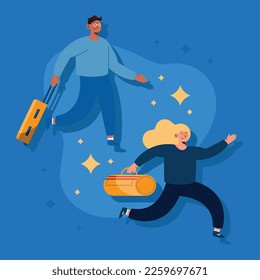 couple with suitcases running characters