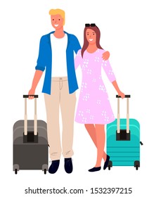 Couple with suitcases, tourism and traveling vector. Man and woman with baggage, vacation or holidays, journey or trip, family with luggage, departure