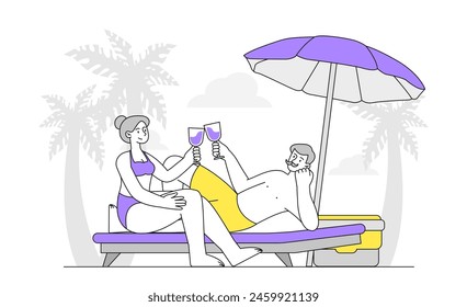 Couple at summer beach simple. Man and woman in swimsuits at sandbeach. Family rest and relax in tropical and exotic countries. Doodle flat vector illustration isolated on white background