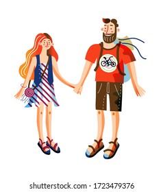 Couple in summer clothes. Romantic man holding hand woman isolated persons. Family wear colorful dress, shorts, t-shirt, sandals. Change of year seasonal concept. Vector character illustration