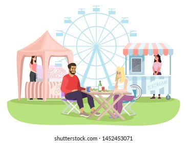 Couple at summer fun fair outdoor cafe flat illustration. Boyfriend, girlfriend eating, have dinner on fairground cartoon characters. Amusement park, festival attractions, ferris wheel, market stalls