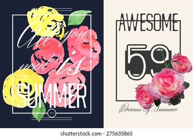 Couple of summer graphic print with flowers for t-shirt or other uses. Vector illustration. 