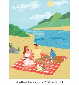 Couple summer picnic on river bank vector cartoon