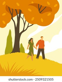 Couple in summer season poster. Man and woman walk at park. People spend time outdoors in fall season. Romance, love and passion. Greeting valentines day card. Flat vector illustration