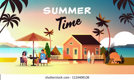 Couple Summer Vacation Man Woman Drink Wine Umbrella On Sunset Beach Villa House Tropical Island Horizontal Flat Vector Illustration