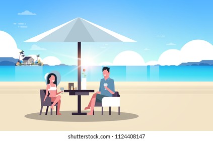 couple summer vacation man woman drink wine umbrella on sunrise beach villa house tropical island horizontal flat vector illustration