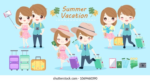 couple with summer vacation on the blue background