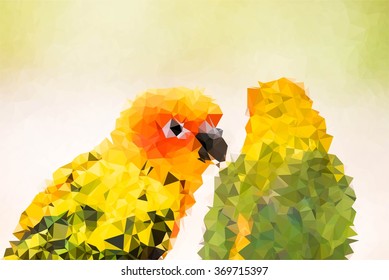 Couple of Sun Conure parrot on a branch triangulated-image.