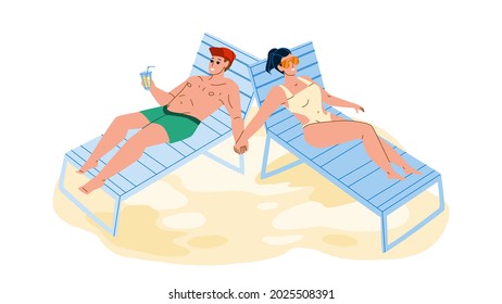 Couple Sunbathe Enjoy On Sea Beach Together Vector. Young Man Drinking Cocktail And Enjoying With Woman Couple Sunbathe. Characters Summer Vacation Relaxation On Seashore Flat Cartoon Illustration