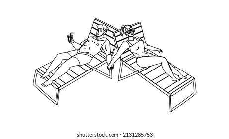 Couple Sunbathe Enjoy On Sea Beach Together Black Line Pencil Drawing Vector. Young Man Drinking Cocktail And Enjoying With Woman Couple Sunbathe. Characters Summer Vacation Relaxation On Seashore