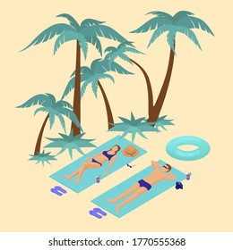 Couple sunbathes on tropical beach isometric. Guy girl lie litter next to rubber ring cocktail ice and camera purple slippers summer vacation under green palm trees sea yellow vector sand.