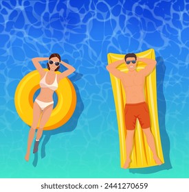 Pareja tomando el sol vista superior. Hombre y mujer nadando en flotadores inflables. El concepto de vacaciones y viajes. Ilustración vectorial en estilo plano