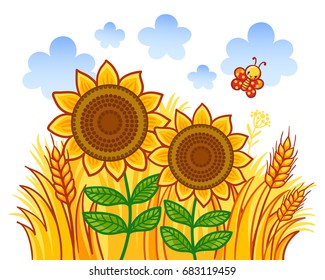 Couple of sunflowers on a background of wheat. Vector illustration in cartoon style.