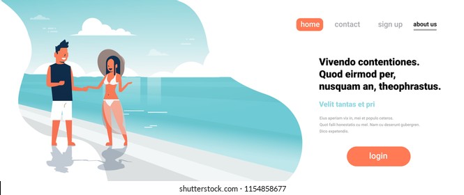 couple sunrise beach summer vacation concept man woman cartoon character seaside background horizontal banner copy space flat vector illustration