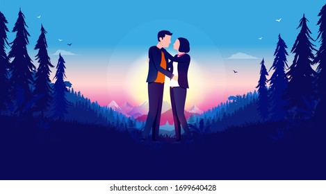 Couple in sunrise - Two romantic people holding each other in a beautiful nature landscape with mountains and sun in background. Romantic, lovers, valentine concept. Vector illustration.