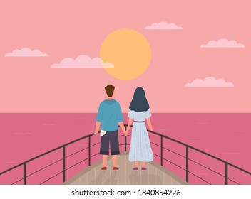 Couple and sunset. Happy young man and woman on date watch sun on ship, pair back view look horizon, romantic relationships valentines or wedding card template, love and relationship vector concept