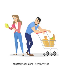 Couple in supermarket with shopping cart byuing food. Family in the grocery store. Isolated flat vector illustration
