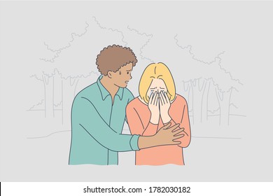 Couple, support, depression, mental stress, frustration concept. Young african american man boyfriend husband comforting crying depressed frustrated woman girlfriend wife. Help in relationship calming