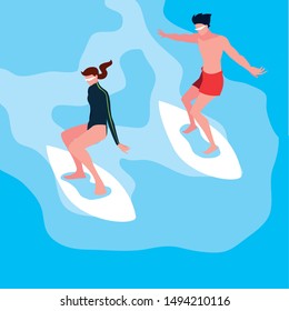 couple in surfboard in wave