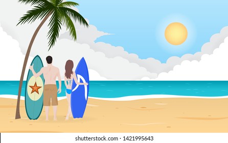 Couple with surfboards standing on beach background illustration vector