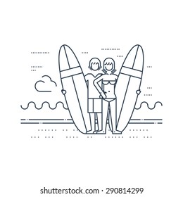 Couple of surfers on the beach. Summer vacation. Surfing camp, man and woman on the beach with surf boards standing together vector outline illustration