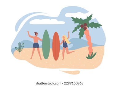 Couple of surfers on the beach with surfboards. Guy and girl posing in swimsuits.