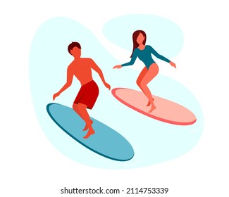 Couple surfing on boats on vacation. Girl and boy doing water sport together on summer holidays. Vector illustration isolated on white.