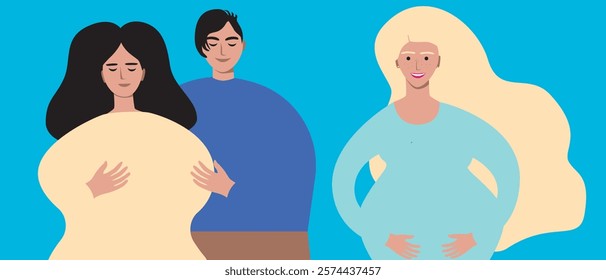 Couple with surrogate pregnant woman as family planning and in vitro fertilization concept, flat vector stock illustration with IVF