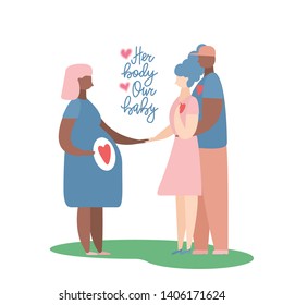 Couple with Surrogate Pregnant woman.  Vector illustration flat cartoon style with hand drawn lettering. Adoptive parents. Surrogacy. EPS10