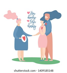 Couple with Surrogate Pregnant woman.  Vector illustration flat cartoon style with hand drawn lettering. Adoptive parents. Surrogacy. EPS10